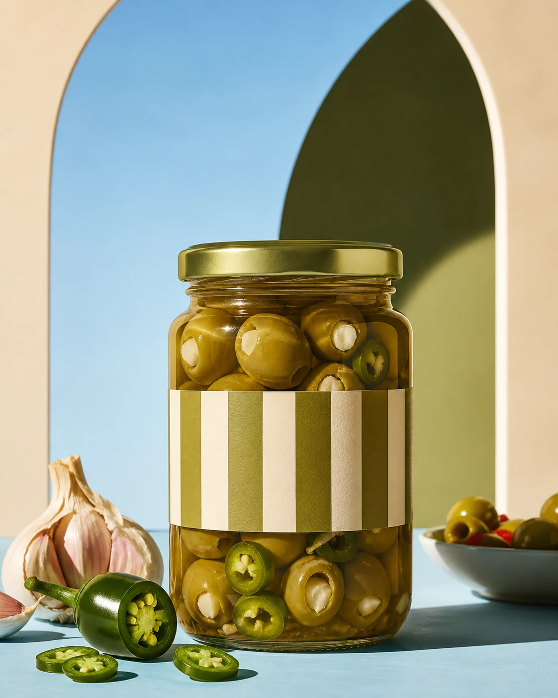 Toples zaitun isi bawang putih dan jalapeño
